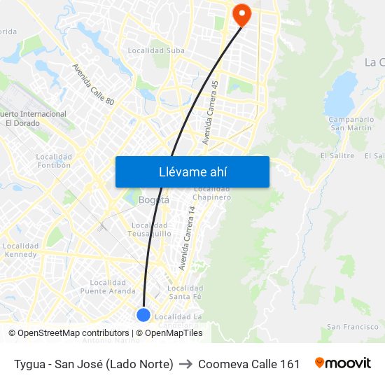 Tygua - San José (Lado Norte) to Coomeva Calle 161 map