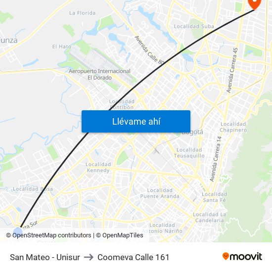 San Mateo - Unisur to Coomeva Calle 161 map