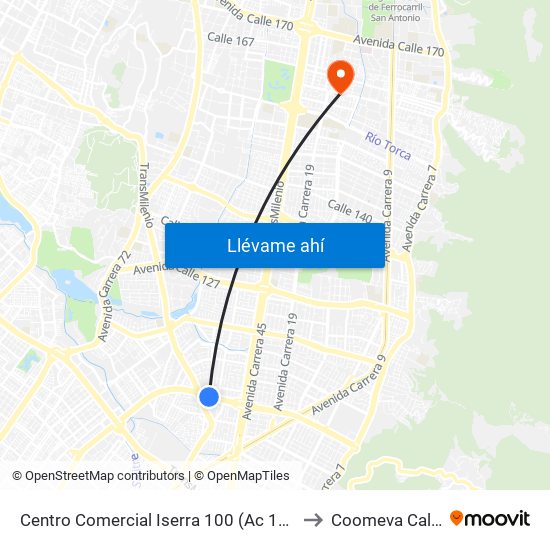 Centro Comercial Iserra 100 (Ac 100 - Kr 54) (B) to Coomeva Calle 161 map