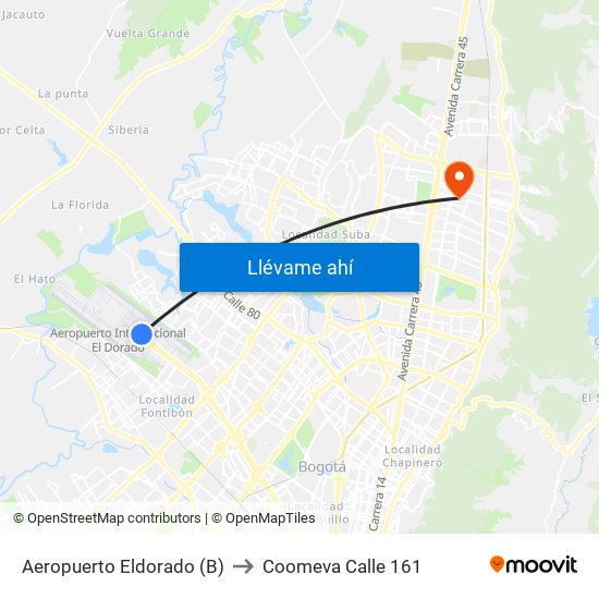 Aeropuerto Eldorado (B) to Coomeva Calle 161 map