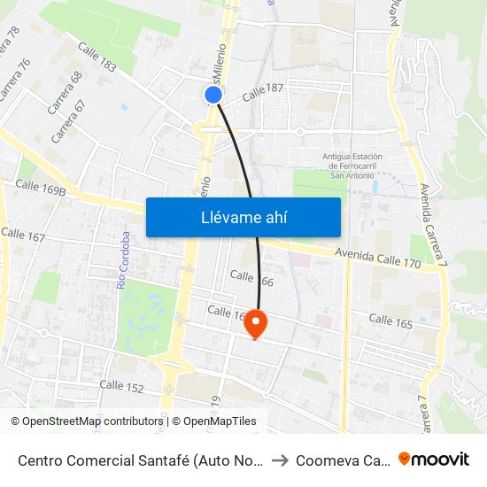 Centro Comercial Santafé (Auto Norte - Cl 187) (B) to Coomeva Calle 161 map