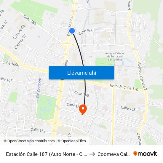 Estación Calle 187 (Auto Norte - Cl 187 Bis) (A) to Coomeva Calle 161 map