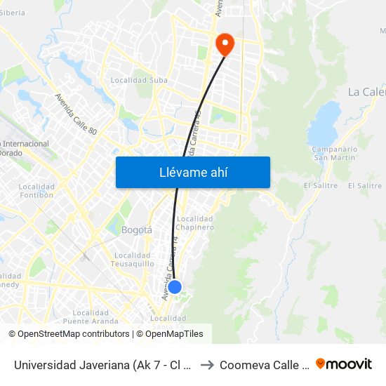 Universidad Javeriana (Ak 7 - Cl 40) (B) to Coomeva Calle 161 map