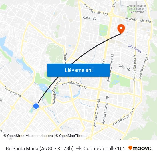 Br. Santa María (Ac 80 - Kr 73b) to Coomeva Calle 161 map