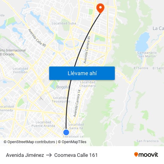 Avenida Jiménez to Coomeva Calle 161 map