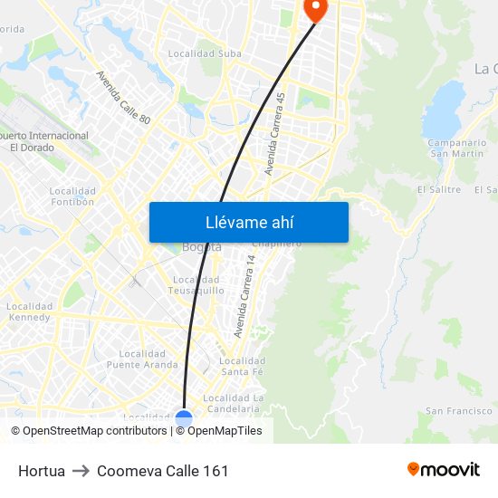 Hortua to Coomeva Calle 161 map