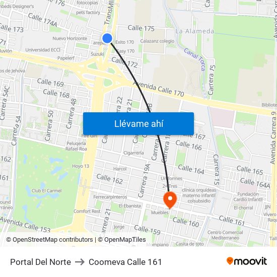 Portal Del Norte to Coomeva Calle 161 map