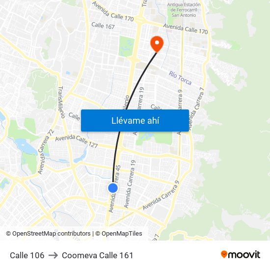 Calle 106 to Coomeva Calle 161 map