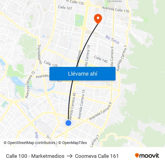 Calle 100 - Marketmedios to Coomeva Calle 161 map