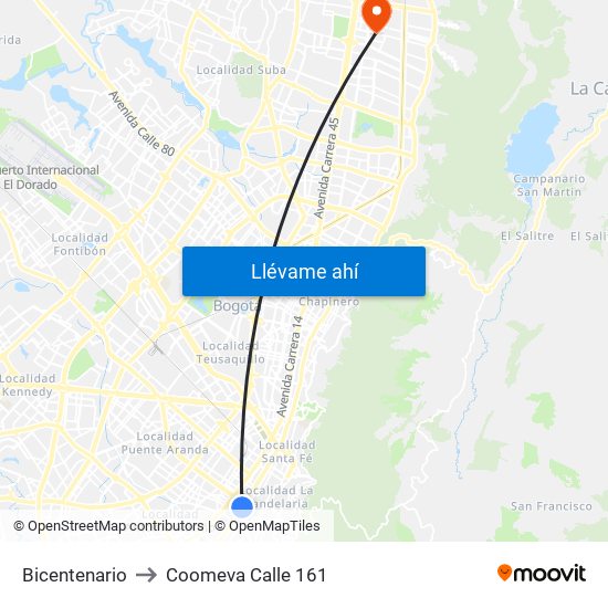 Bicentenario to Coomeva Calle 161 map
