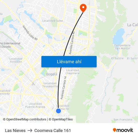 Las Nieves to Coomeva Calle 161 map