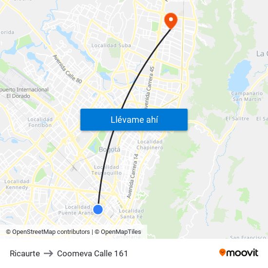 Ricaurte to Coomeva Calle 161 map