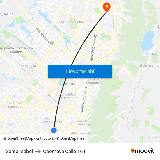 Santa Isabel to Coomeva Calle 161 map