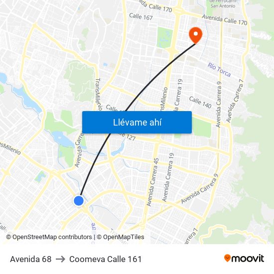 Avenida 68 to Coomeva Calle 161 map