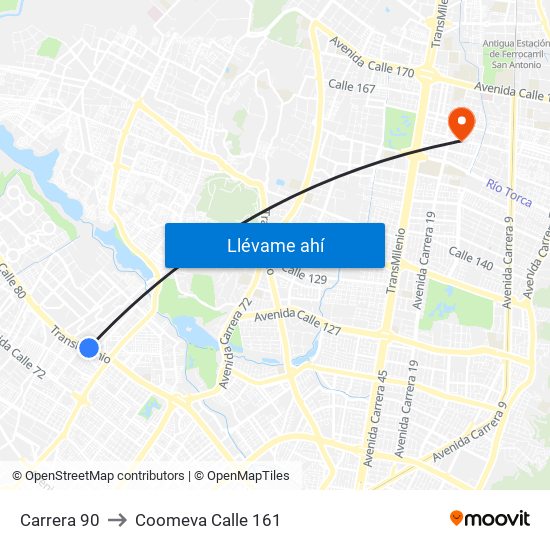 Carrera 90 to Coomeva Calle 161 map