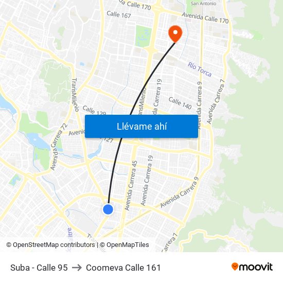 Suba - Calle 95 to Coomeva Calle 161 map