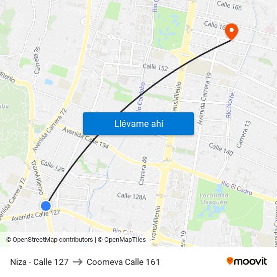 Niza - Calle 127 to Coomeva Calle 161 map