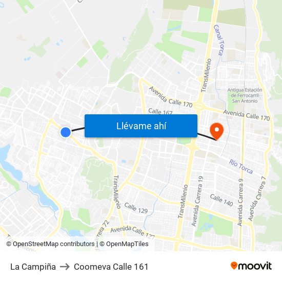 La Campiña to Coomeva Calle 161 map