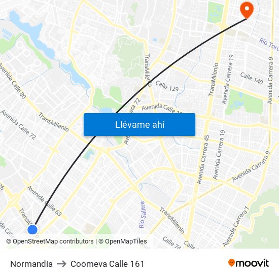 Normandía to Coomeva Calle 161 map