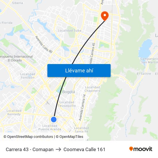 Carrera 43 - Comapan to Coomeva Calle 161 map