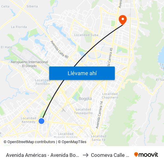 Avenida Américas - Avenida Boyacá to Coomeva Calle 161 map