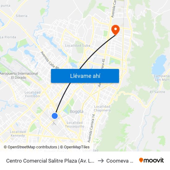Centro Comercial Salitre Plaza (Av. La Esperanza - Kr 68a) to Coomeva Calle 161 map