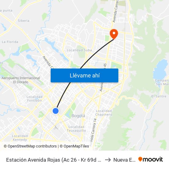 Estación Avenida Rojas (Ac 26 - Kr 69d Bis) (B) to Nueva EPS map