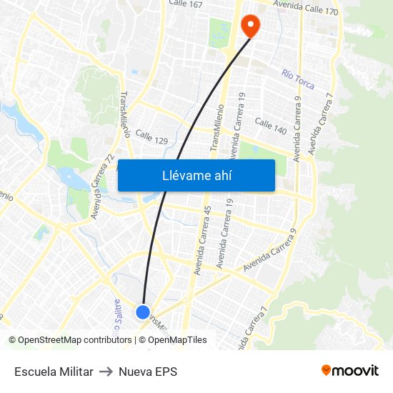 Escuela Militar to Nueva EPS map