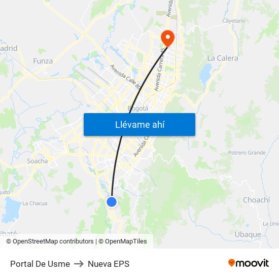 Portal De Usme to Nueva EPS map