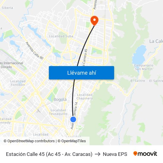 Estación Calle 45 (Ac 45 - Av. Caracas) to Nueva EPS map