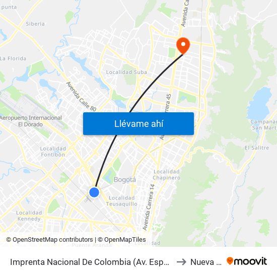 Imprenta Nacional De Colombia (Av. Esperanza - Kr 66) to Nueva EPS map