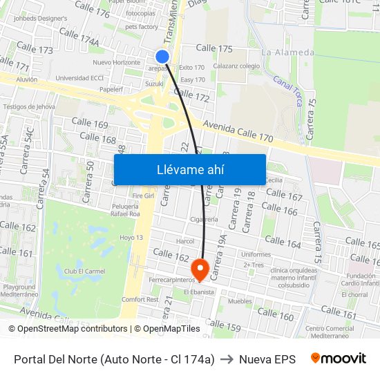 Portal Del Norte (Auto Norte - Cl 174a) to Nueva EPS map