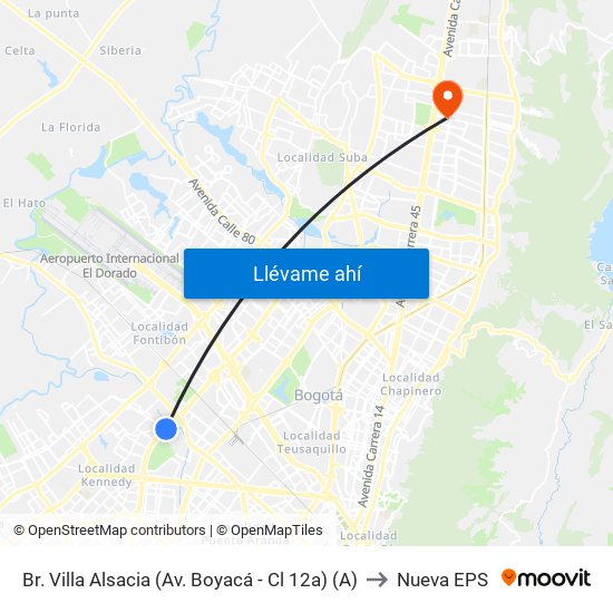 Br. Villa Alsacia (Av. Boyacá - Cl 12a) (A) to Nueva EPS map