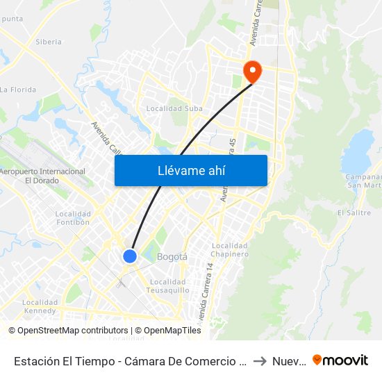 Estación El Tiempo - Cámara De Comercio De Bogotá (Ac 26 - Kr 68b Bis) to Nueva EPS map