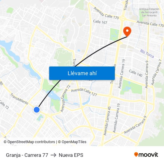 Granja - Carrera 77 to Nueva EPS map