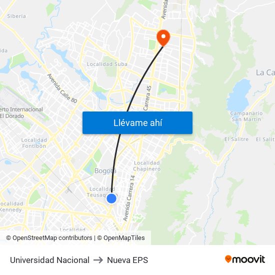 Universidad Nacional to Nueva EPS map