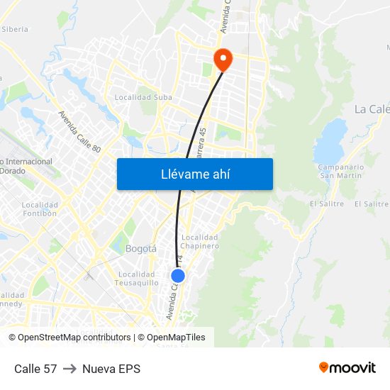 Calle 57 to Nueva EPS map