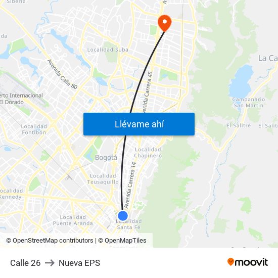 Calle 26 to Nueva EPS map