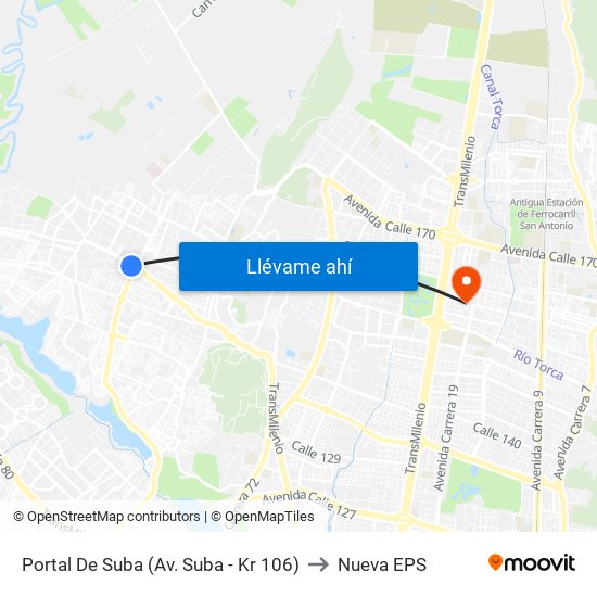 Portal De Suba (Av. Suba - Kr 106) to Nueva EPS map