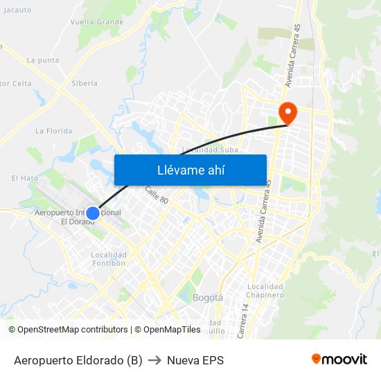 Aeropuerto Eldorado (B) to Nueva EPS map