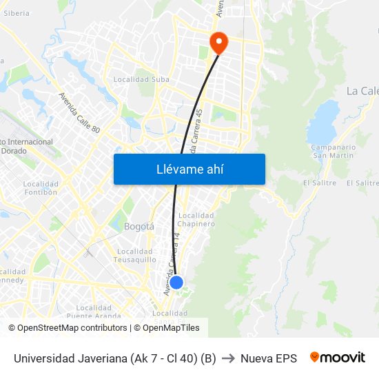 Universidad Javeriana (Ak 7 - Cl 40) (B) to Nueva EPS map