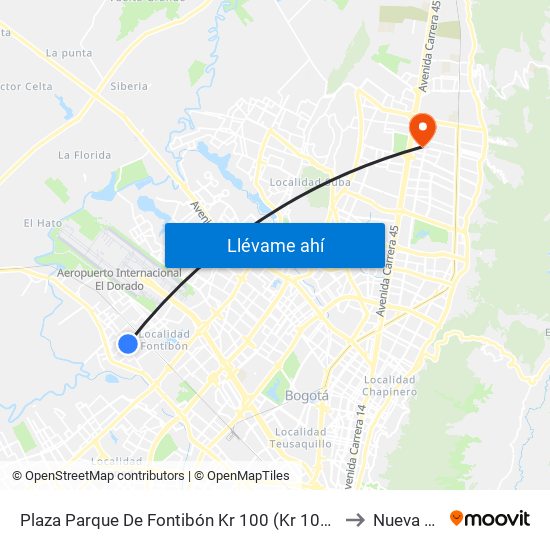Plaza Parque De Fontibón Kr 100 (Kr 100 - Cl 17a) to Nueva EPS map