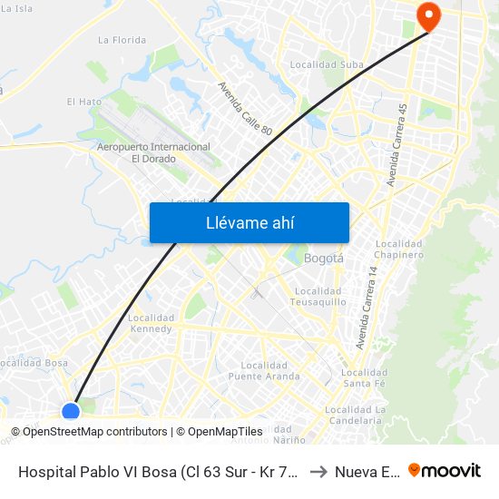 Hospital Pablo VI Bosa (Cl 63 Sur - Kr 77g) (A) to Nueva EPS map