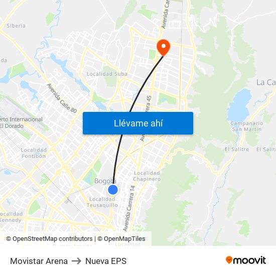 Movistar Arena to Nueva EPS map