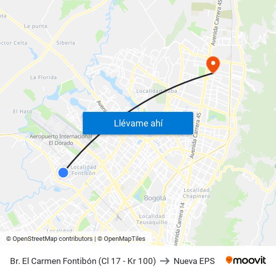 Br. El Carmen Fontibón (Cl 17 - Kr 100) to Nueva EPS map