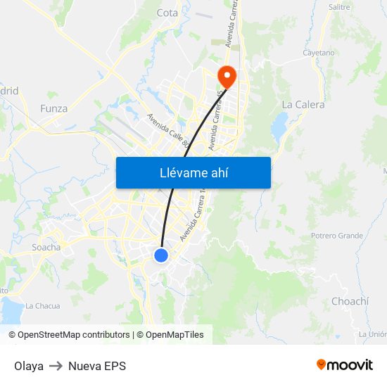 Olaya to Nueva EPS map