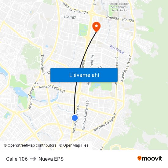 Calle 106 to Nueva EPS map