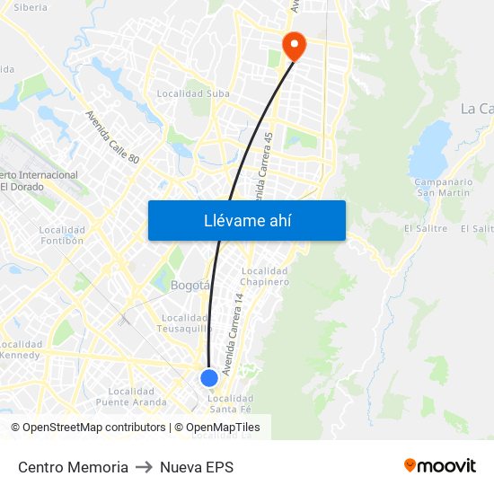 Centro Memoria to Nueva EPS map