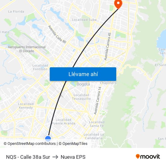 NQS - Calle 38a Sur to Nueva EPS map