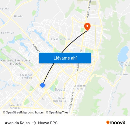 Avenida Rojas to Nueva EPS map